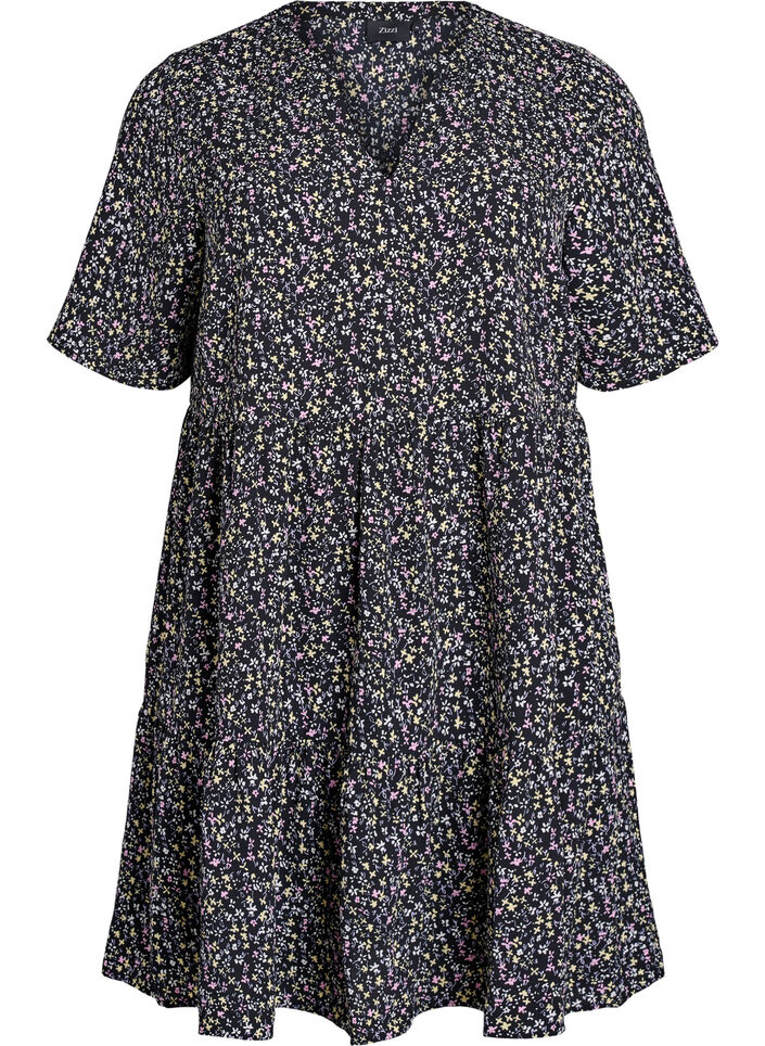 Jurk met korte mouwen, A-lijn en snijlijnen, Zwart, Packshot image number 0