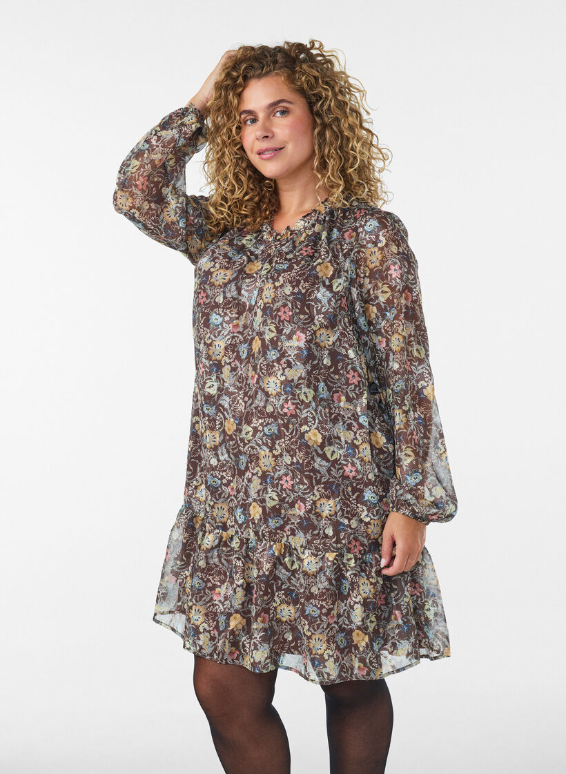 Chiffon jurk met bloemenprint en rucheslagen, Bruin, Model image number 0