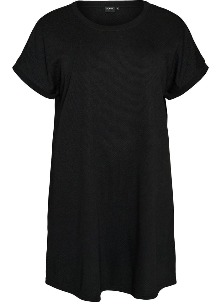 Robe courte en jersey textur&eacute; &agrave; col rond, Noir, Packshot image number 0