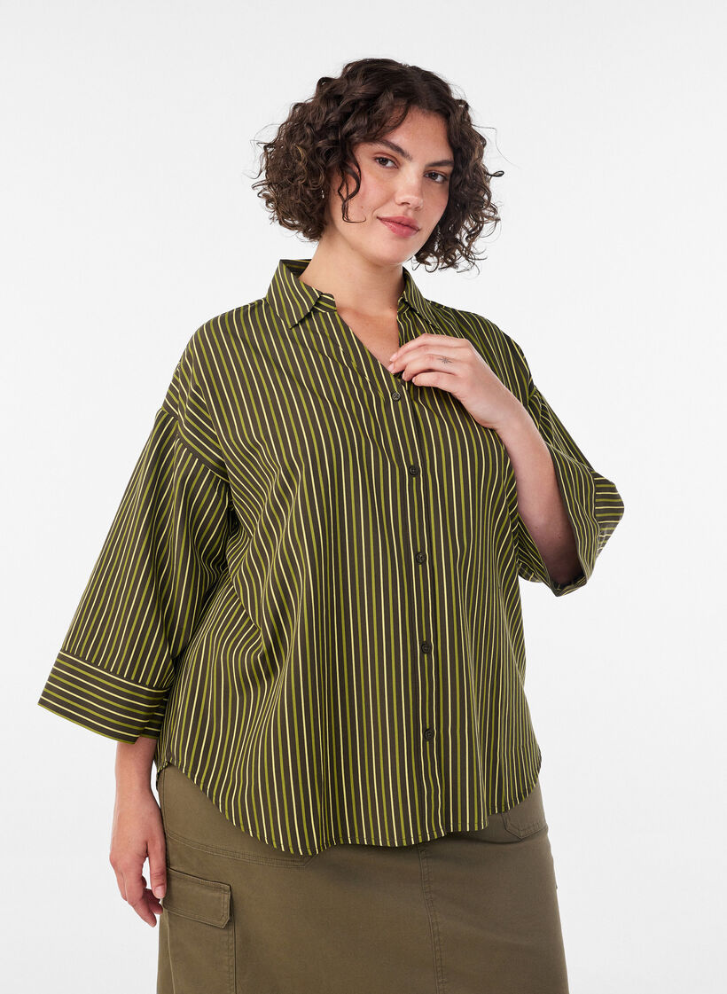 Losse gestreepte shirt met 3/4 mouwen, Groen, Model image number 0
