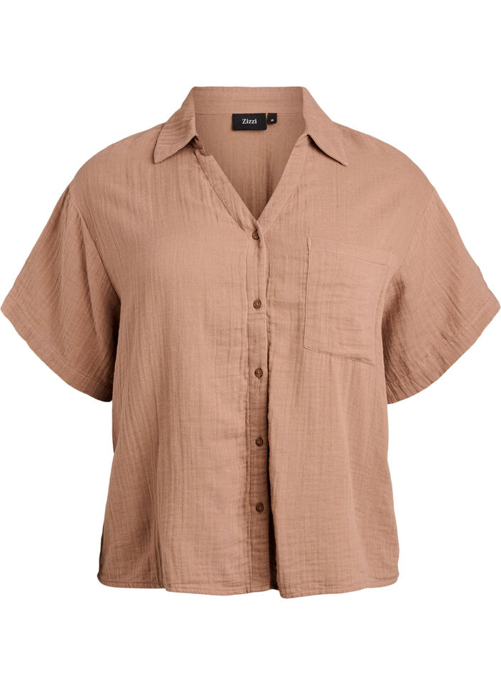 Katoenen mousseline blouse met korte mouwen, Bruin, Packshot image number 0