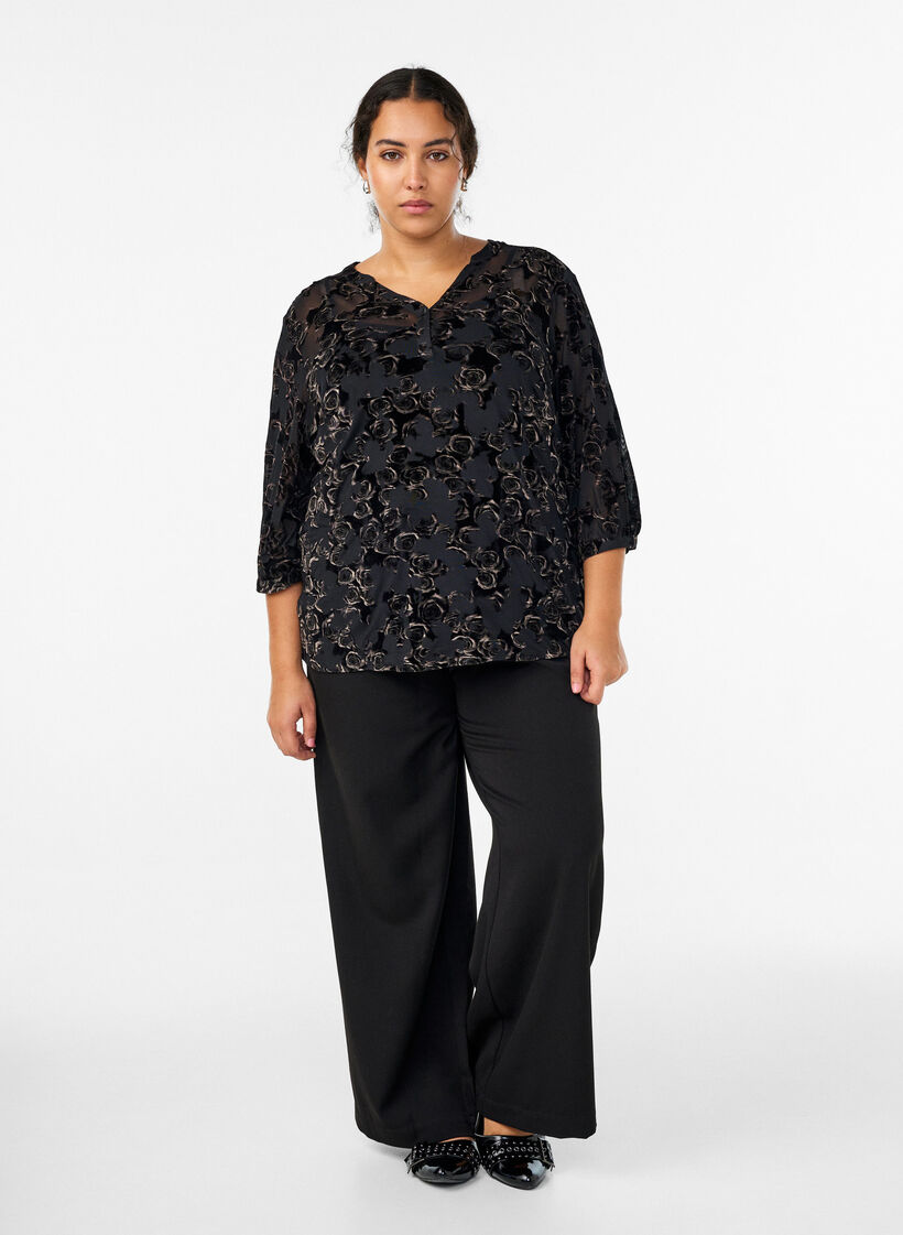 Mesh blouse met 3/4 mouwen en velourrozen, Zwart, Model image number 1