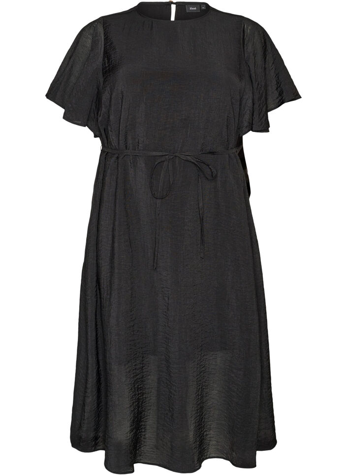 Enkellange jurk met vlindermouwen en strikceintuur, Zwart, Packshot image number 0