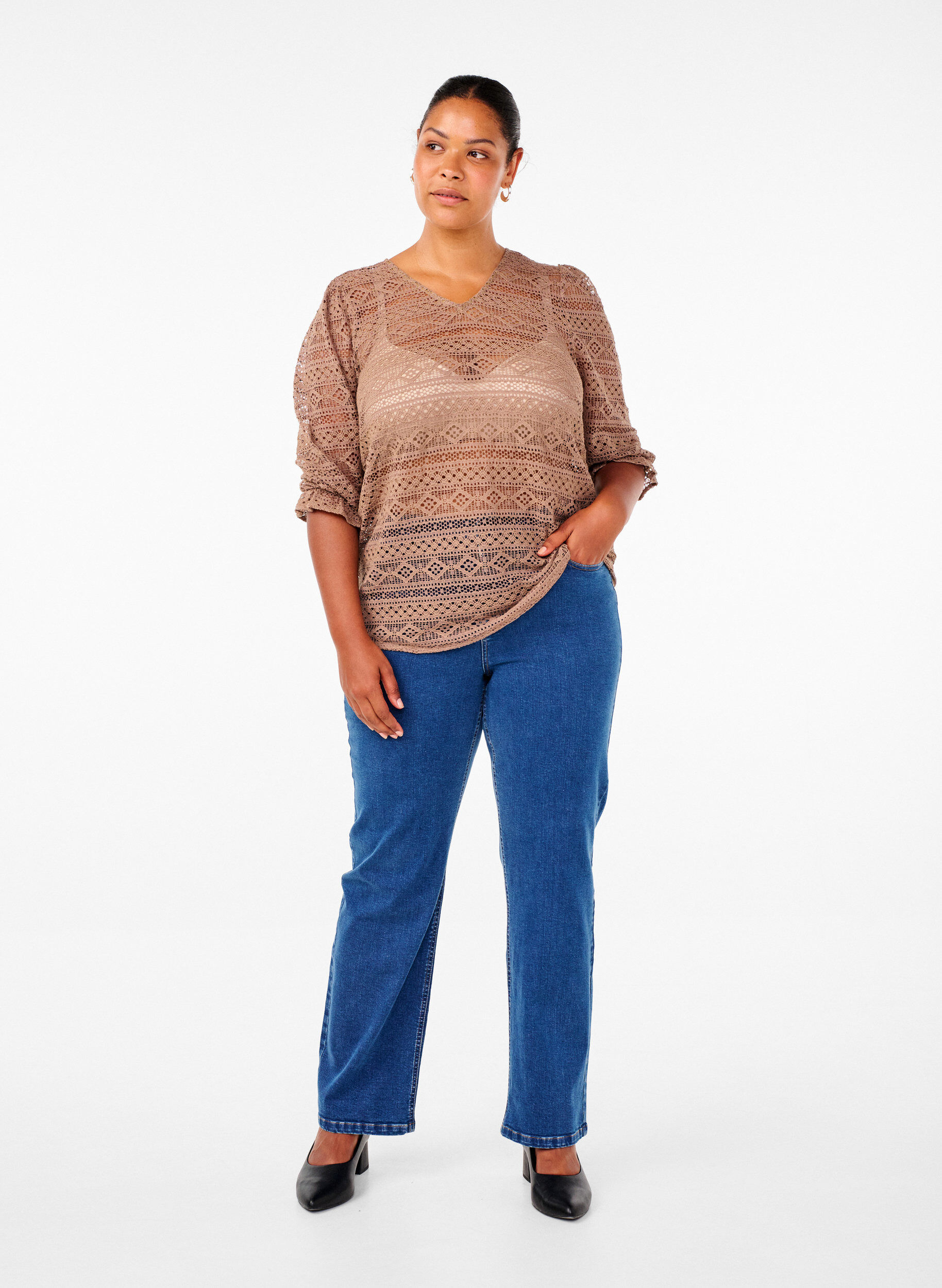 ZizziBlouse met gatenpatroon en 3/4 mouwen, Bruin, Model image number 1