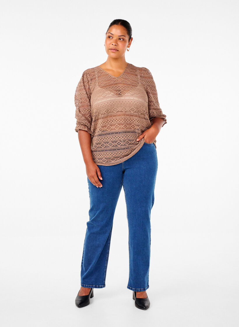 Blouse met gatenpatroon en 3/4 mouwen, Bruin, Model image number 1