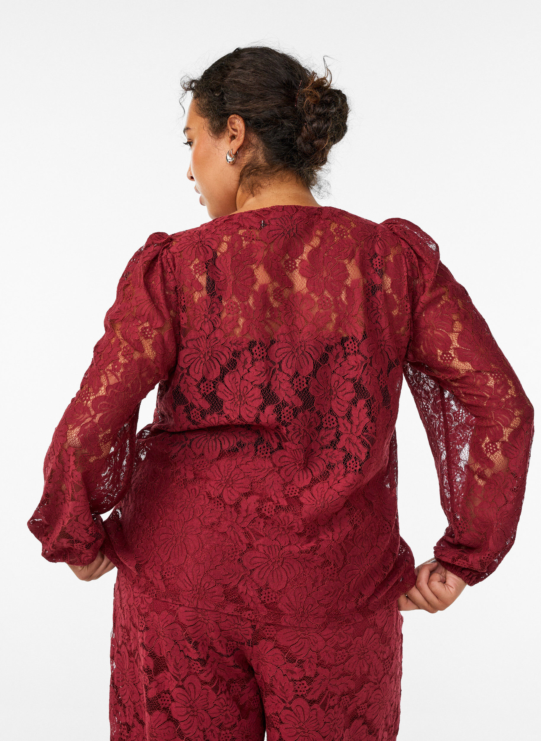 ZizziKanten blouse met open voorkant en strikbandjes, Donker Bordeaux, Model image number 2