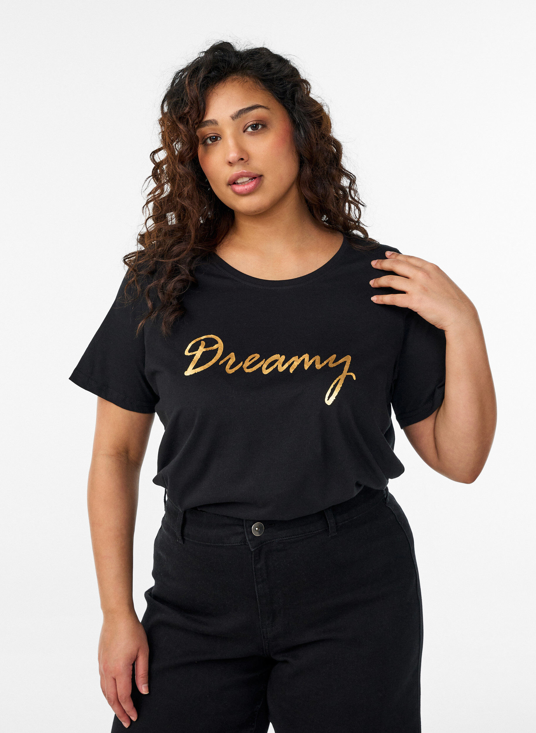 T-shirt met print, Zwart, Model