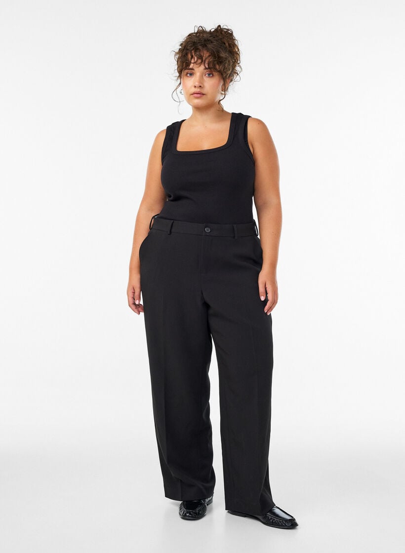 Op maat gemaakte broek met wijde pijpen en hoge taille, Zwart, Model image number 0