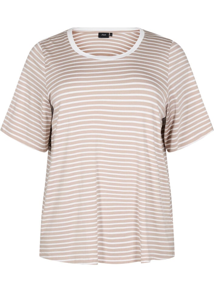 T-shirt met TENCEL™ Lyocell en strepen, Beige, Packshot image number 0