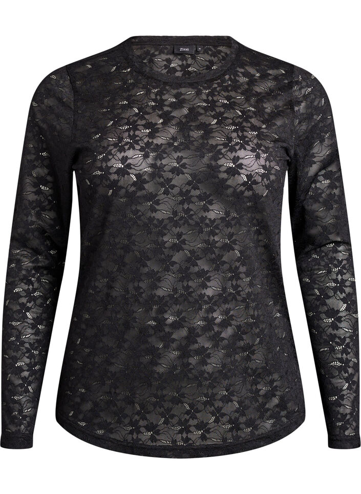 Kanten blouse met ronde hals en strakke pasvorm, Zwart, Packshot image number 0