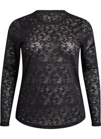 Kanten blouse met ronde hals en strakke pasvorm, Zwart Kanten blouse met ronde hals en strakke pasvorm