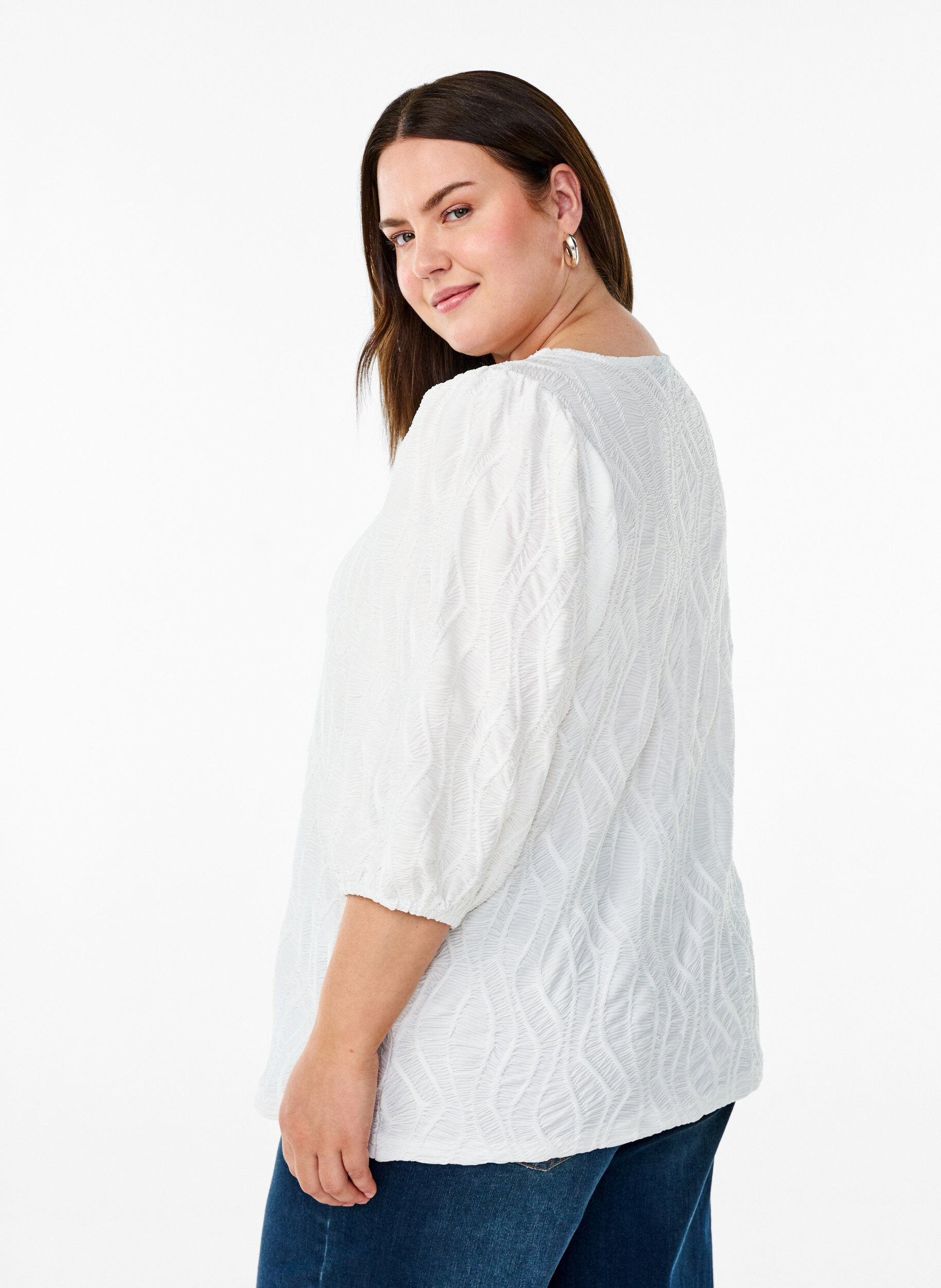ZizziBlouse met textuur en 3/4 mouwen, Wit, Model image number 2