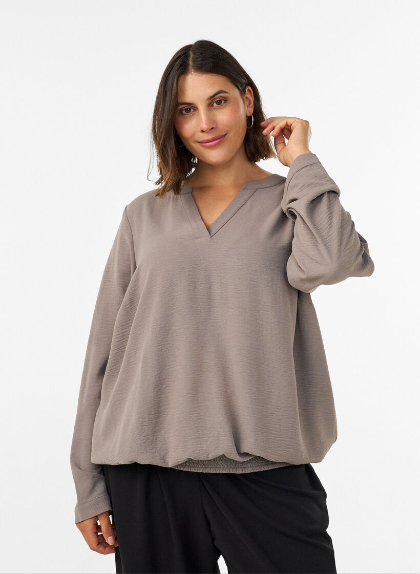 Blouse met ballonsilhouet en V-hals, Beige, Model image number 0