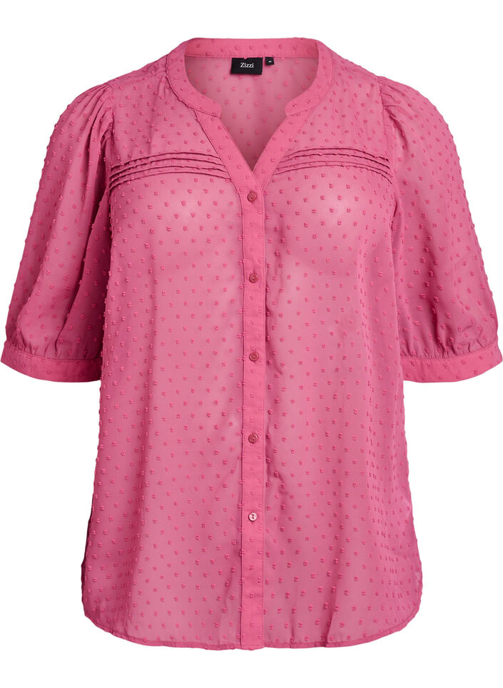 Blouse met korte mouwen en een gestippelde textuur, Roze, Packshot image number 0