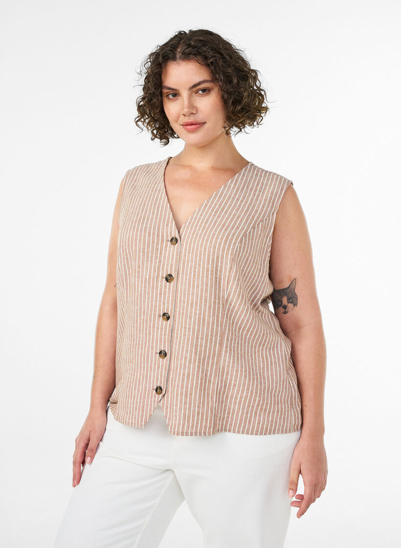 Gestreepte vest in linnen en viscose, Beige, Model image number 0