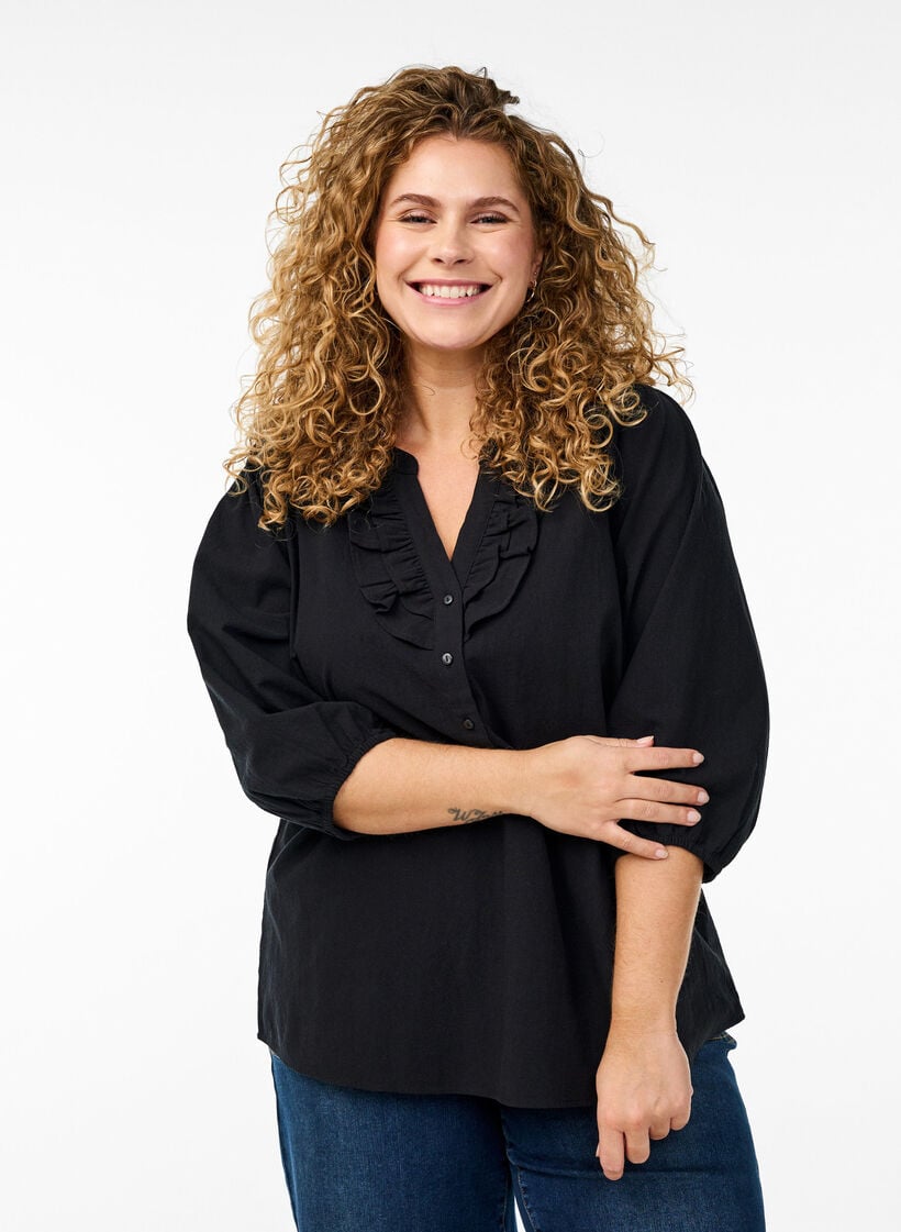 3/4 mouw blouse in katoen met strepen, Zwart, Model image number 0