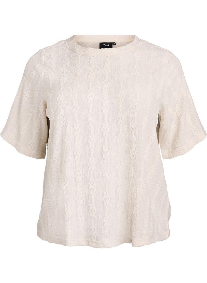 Blouse met structuurpatroon en korte mouwen, Beige, Packshot image number 0