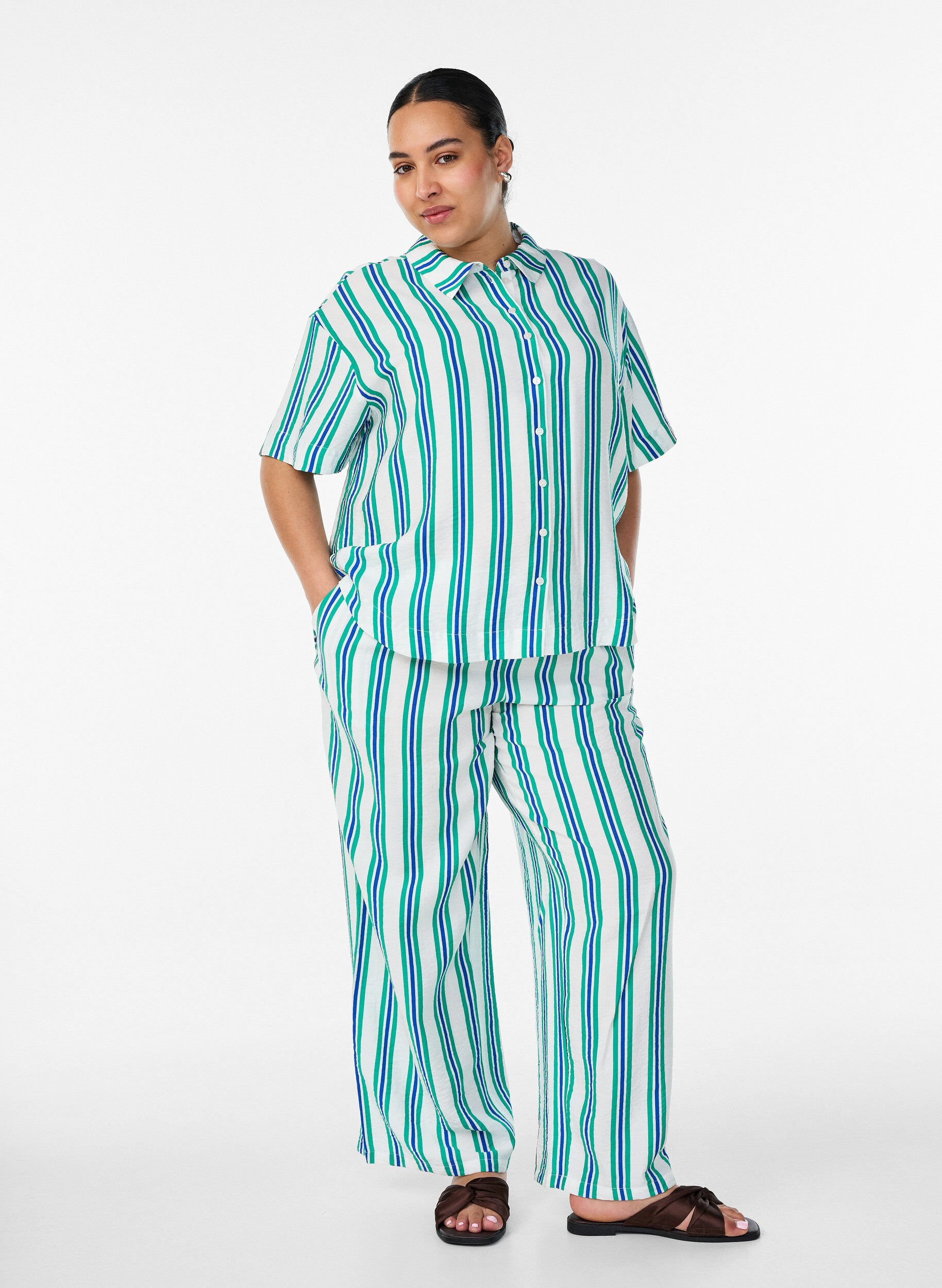 ZizziGestreepte viscose shirt met korte mouwen, Vanille, Model image number 1