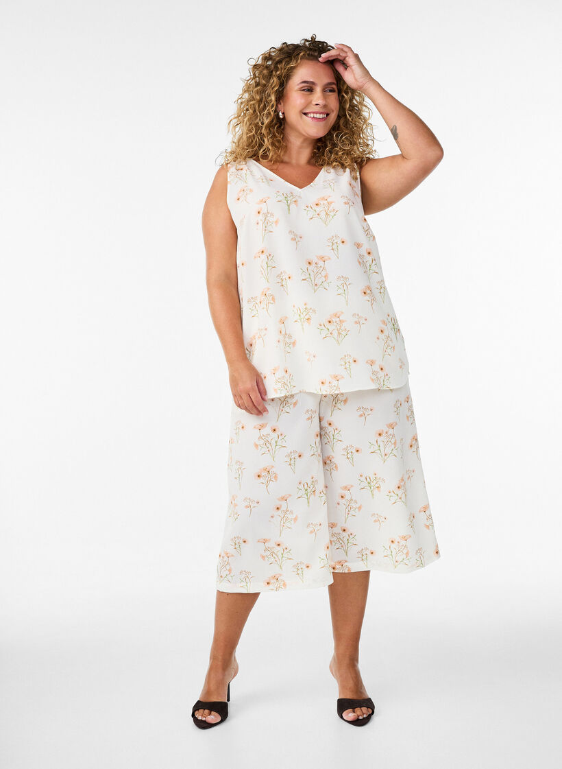 Top met print en V-hals, Wit, Model image number 1