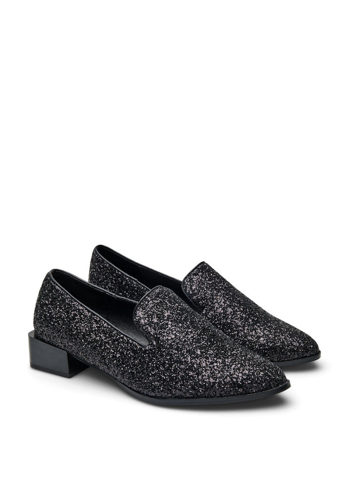 Wide fit - Loafers met glitter, Black Glitter, Packshot