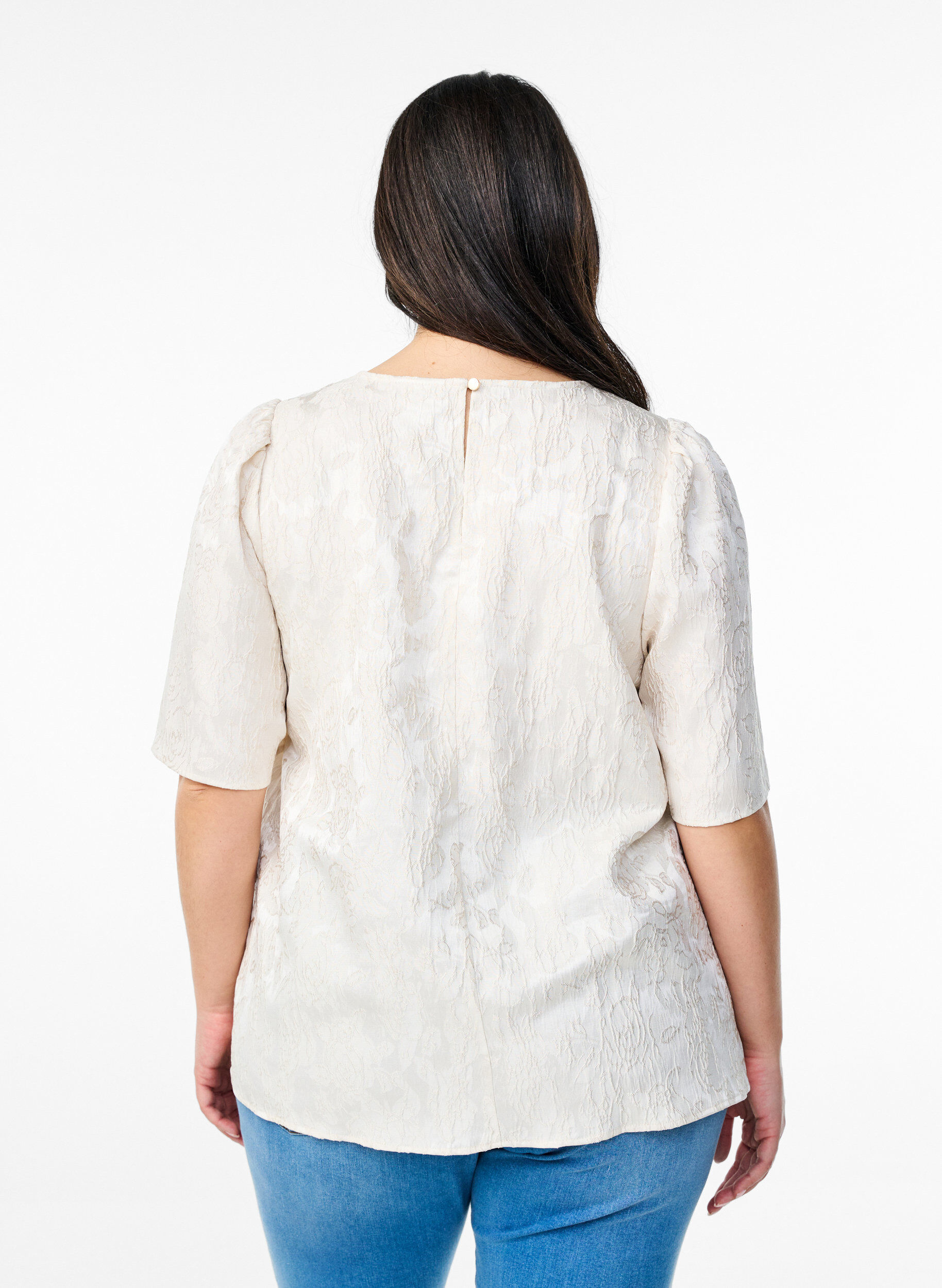 ZizziBlouse met jacquardpatroon en pofmouwen, Vanille, Model image number 2