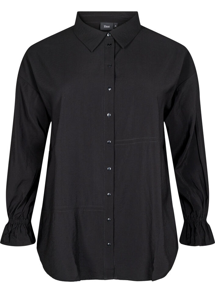 Shirt met lange mouwen en ruchesdetails, Zwart, Packshot image number 0
