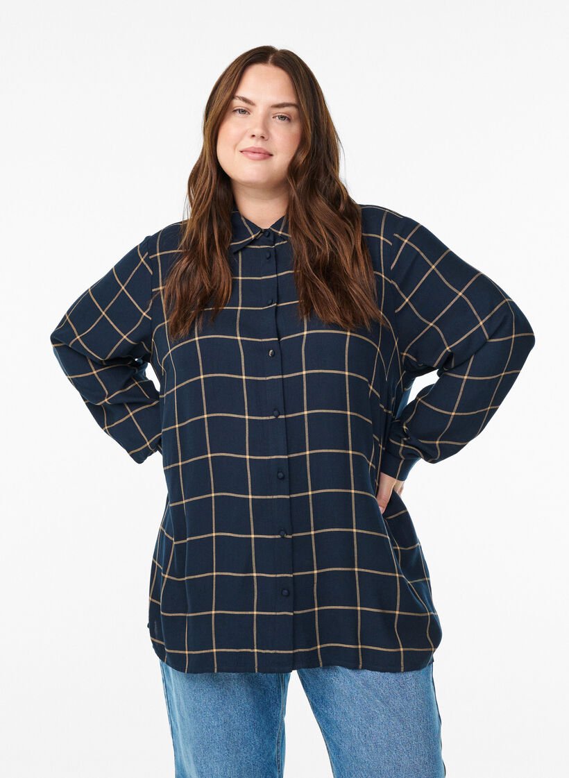 Geruite oversized katoenen shirt, Blauw, Model image number 0