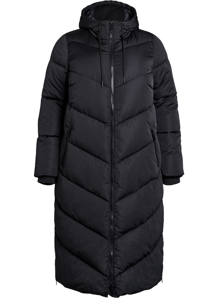 Lange pufferjas met capuchon en zakken, Black, Packshot