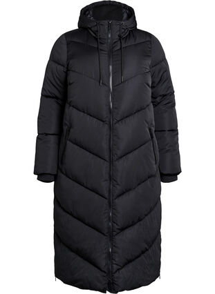 ZizziLange pufferjas met capuchon en zakken, Black, Packshot image number 0