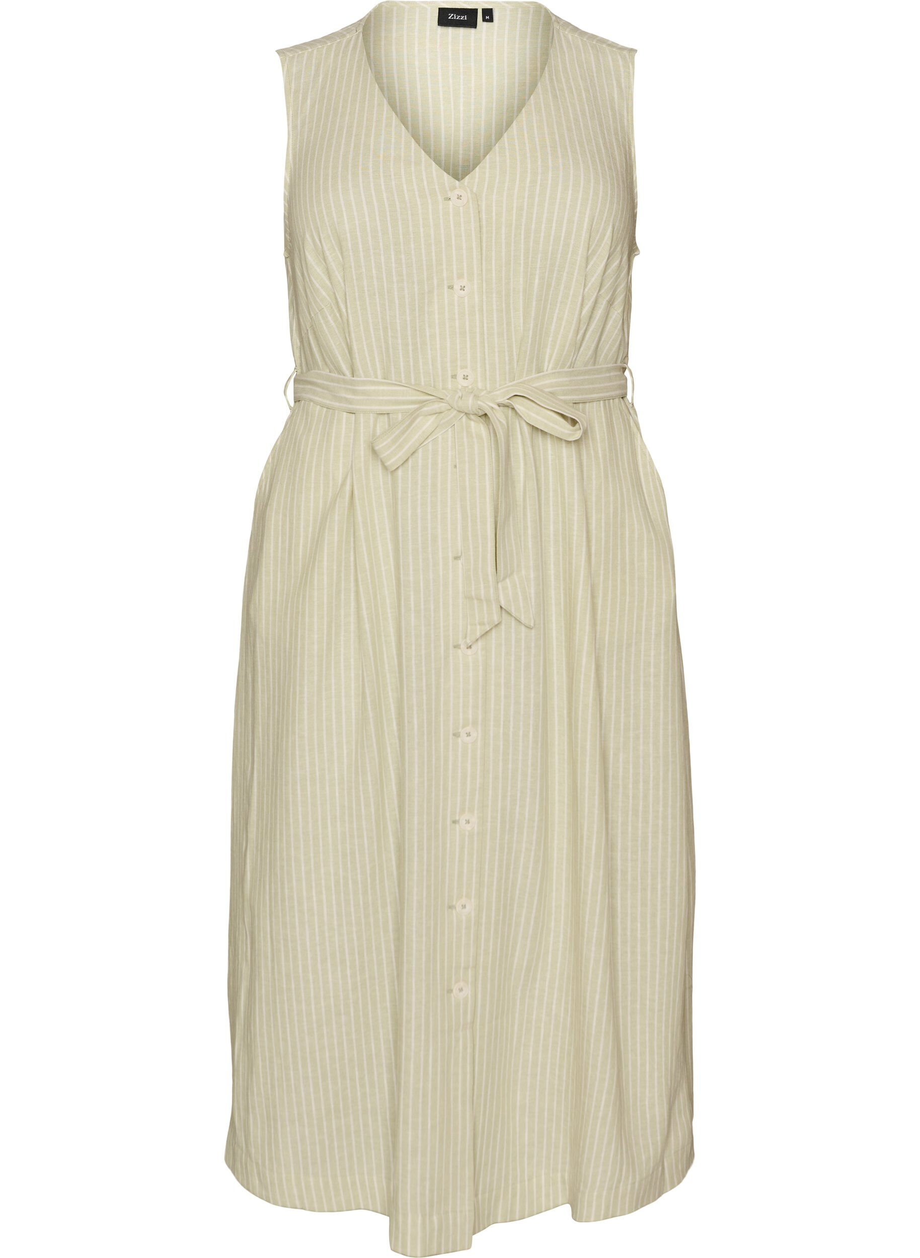 ZizziMouwloze gestreepte midi jurk in linnen en viscose, Groen, Packshot image number 0