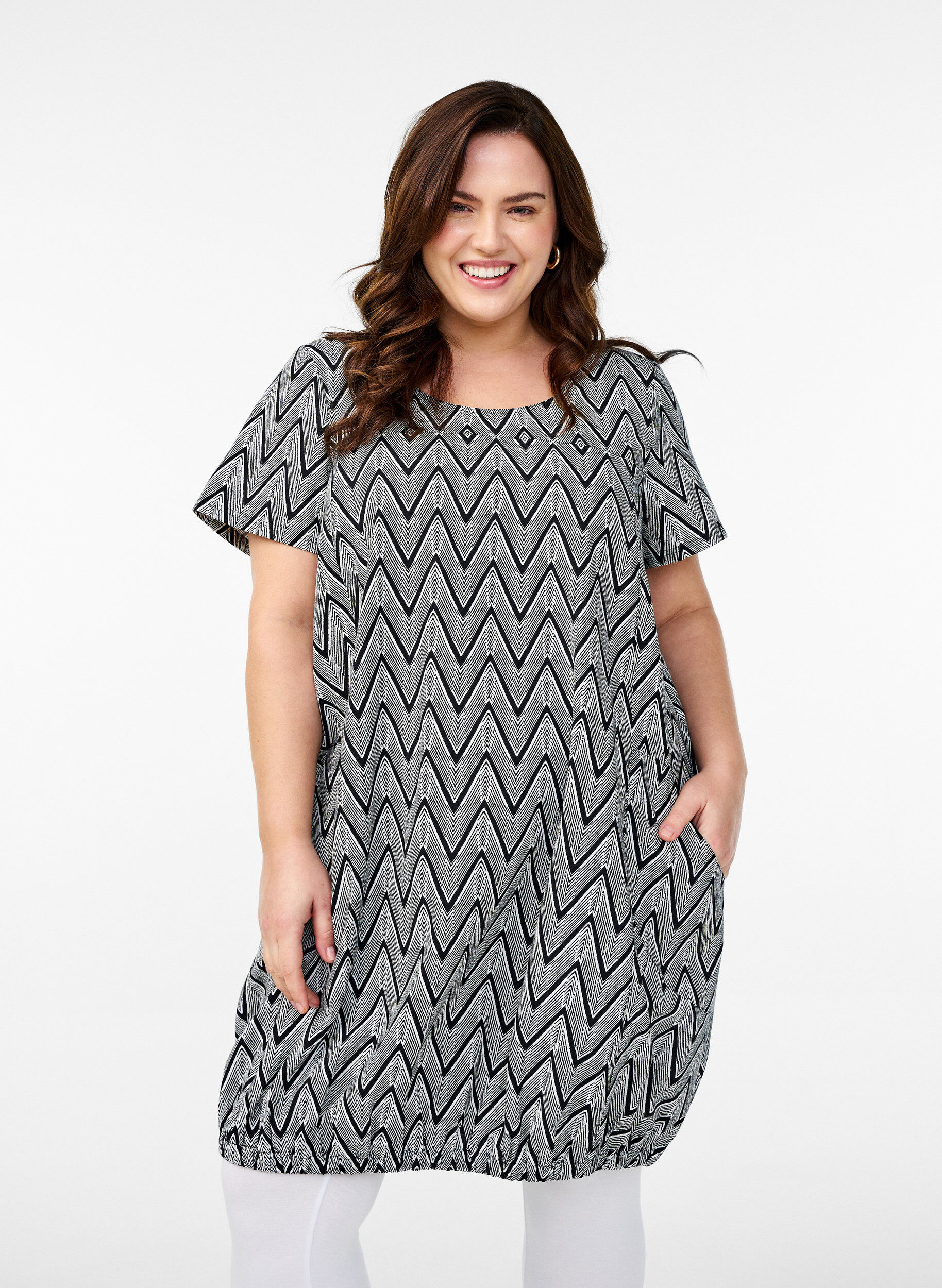 ZizziKatoenen jurk met korte mouwen en print, Zwart, Model image number 0