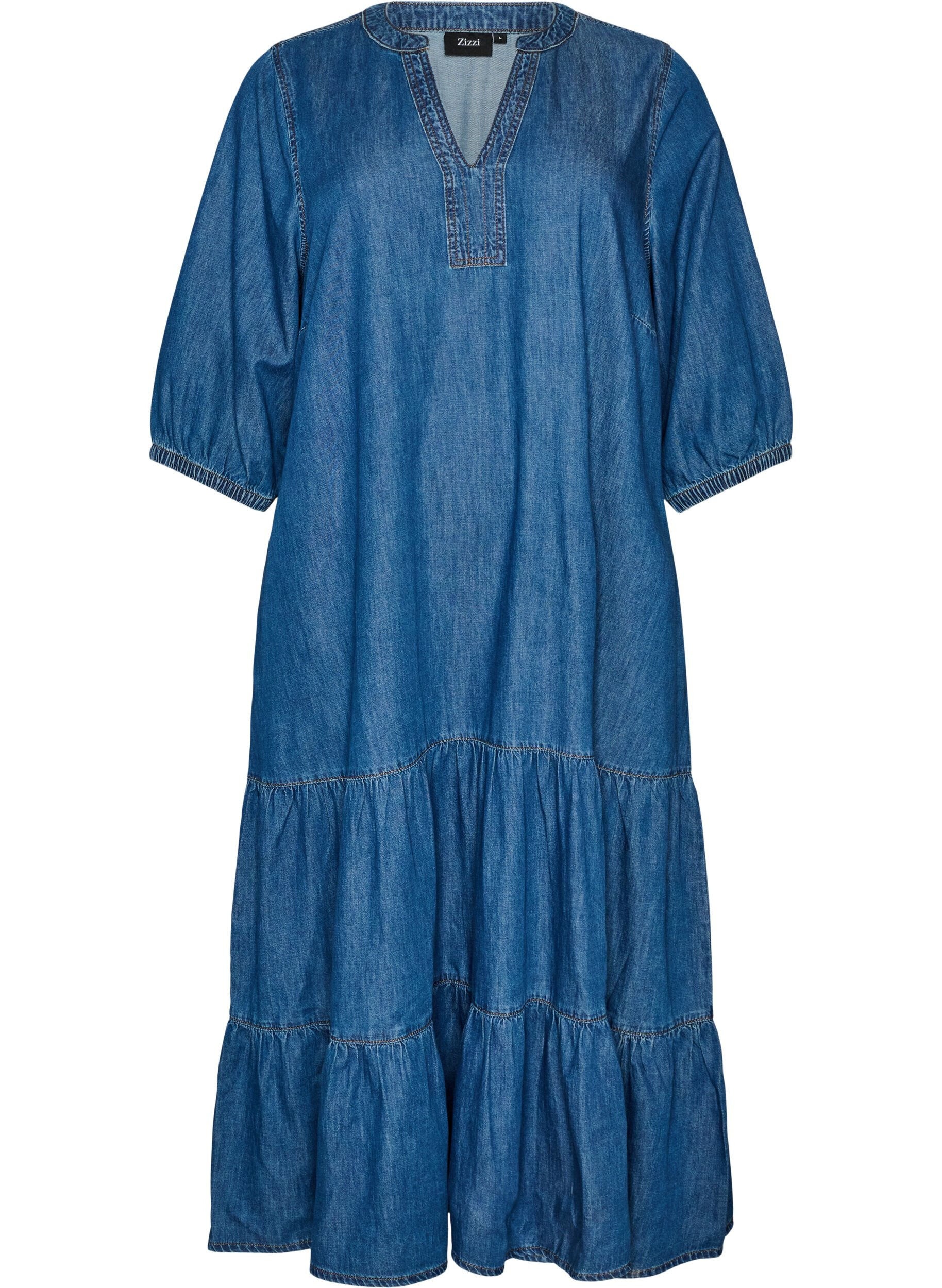 Denim maxi-jurk met gerimpelde lagen