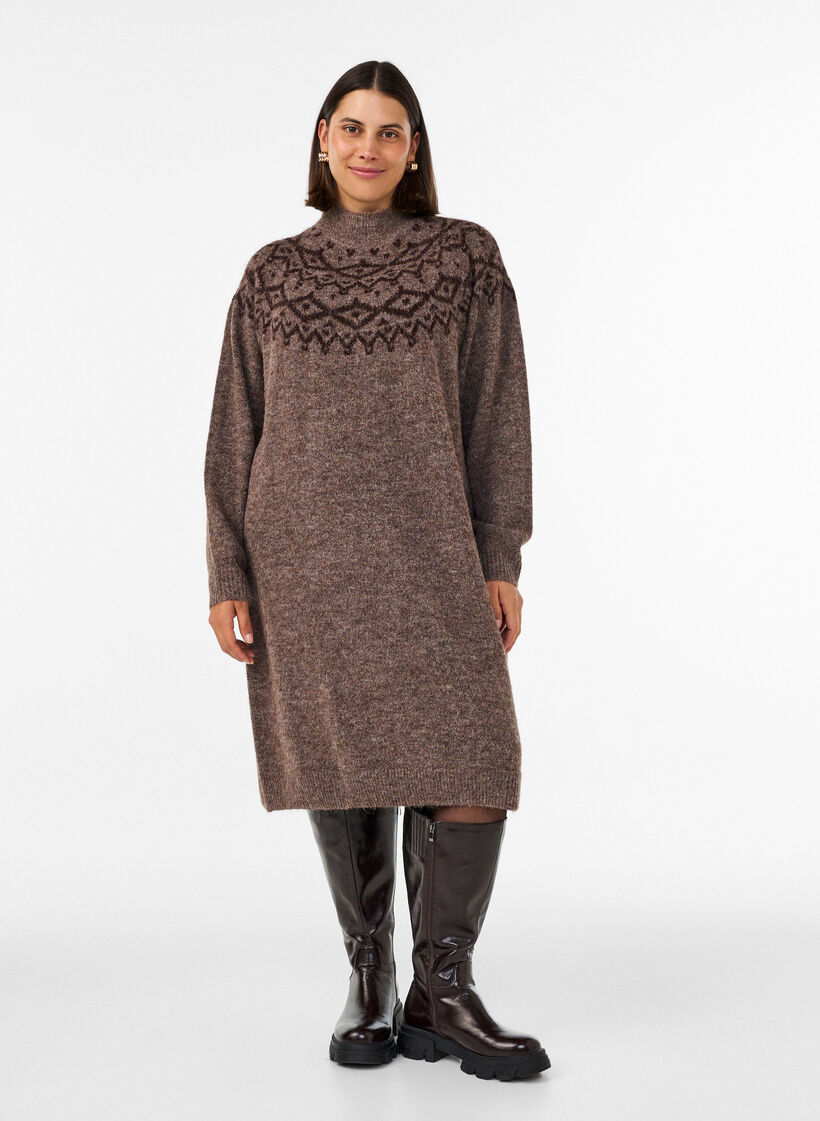 Gebreide jurk met jacquardpatroon, Bruin, Model image number 0