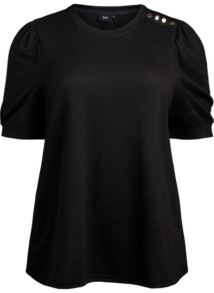 Blouse met knoopdetail en korte pofmouwen, Zwart, Packshot image number 0