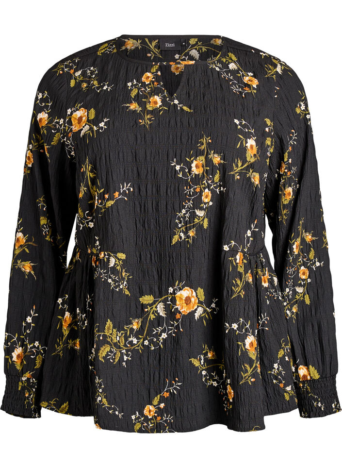 Blouse met lange mouwen en bloemenprint, Zwart, Packshot image number 0