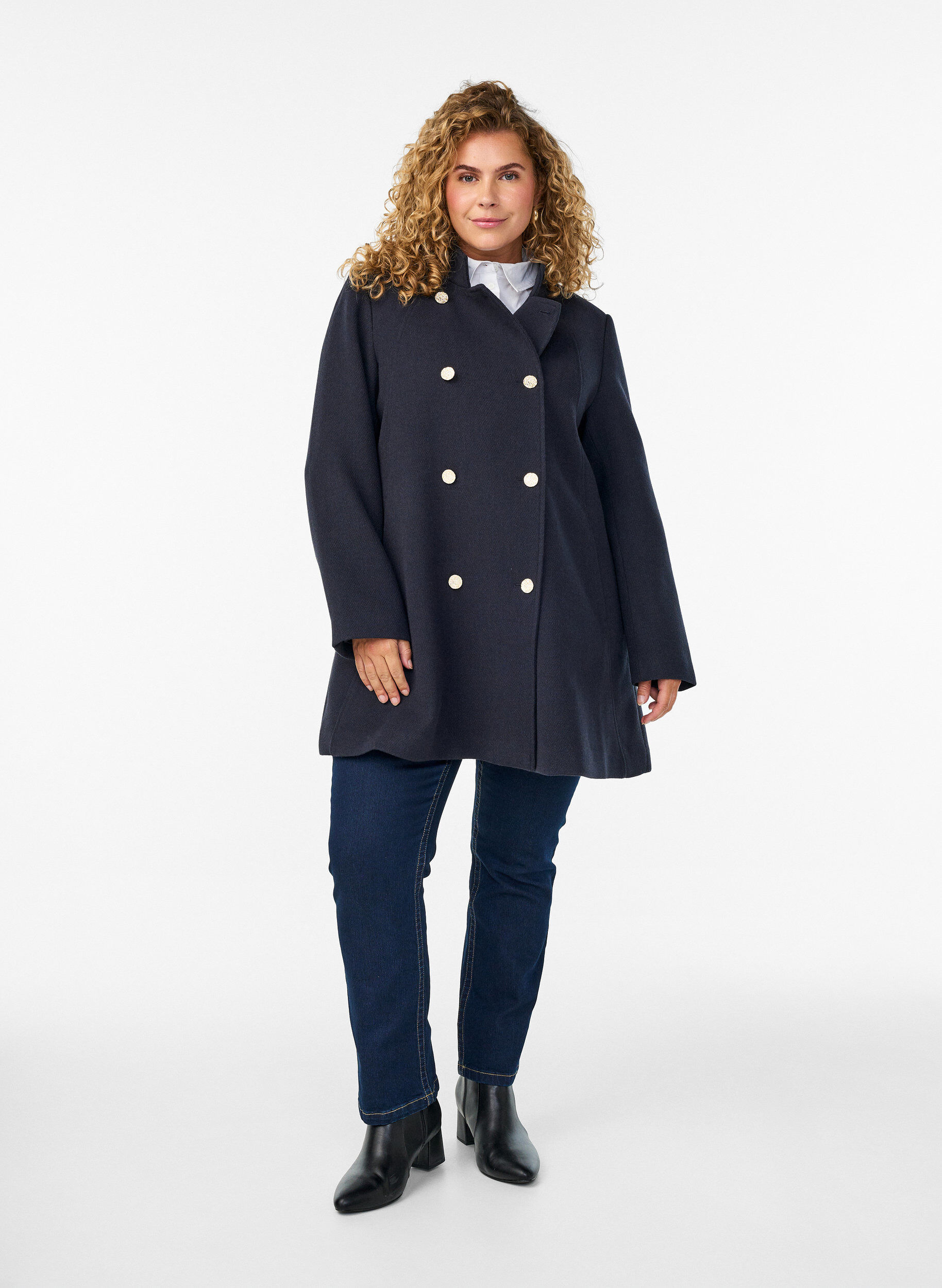 ZizziA-lijn jas met gouden knopen, Blauw, Model image number 1