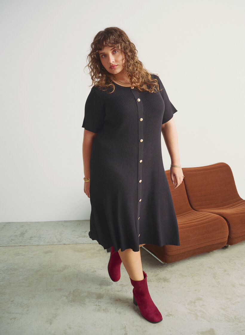 Jurk met korte mouwen en geribde stof met decoratieve knopen, Zwart, Image image number 0