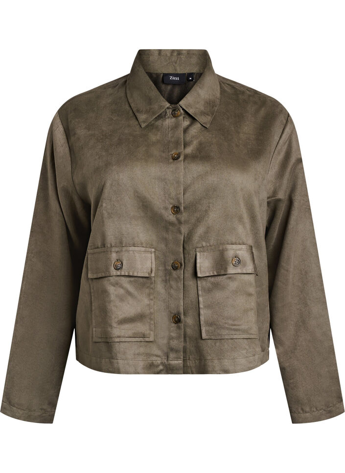 Korte imitatie suède jas met zakken, Groen, Packshot image number 0