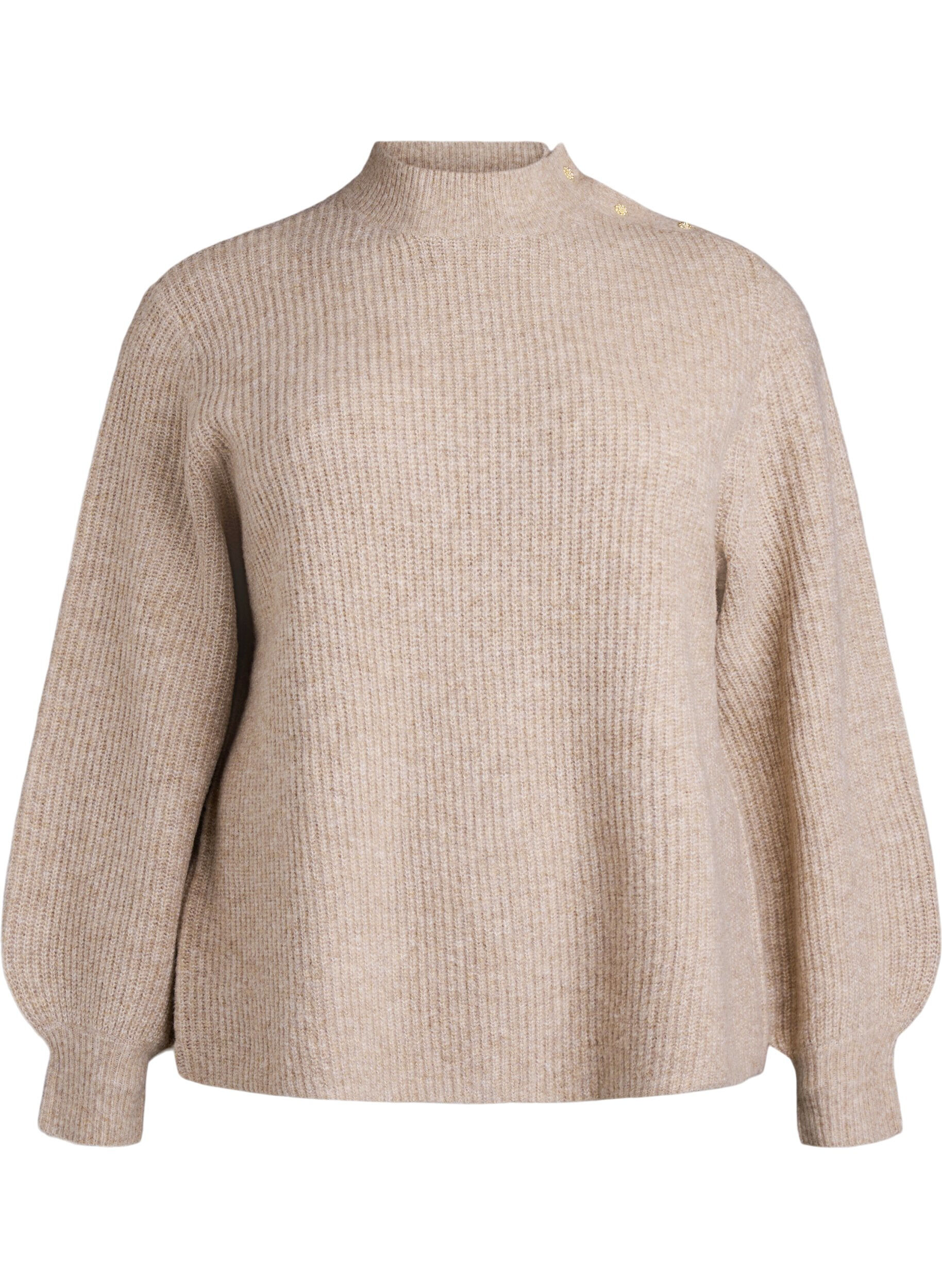 ZizziGeribde trui met pofmouwen en knopen, Beige, Packshot image number 0