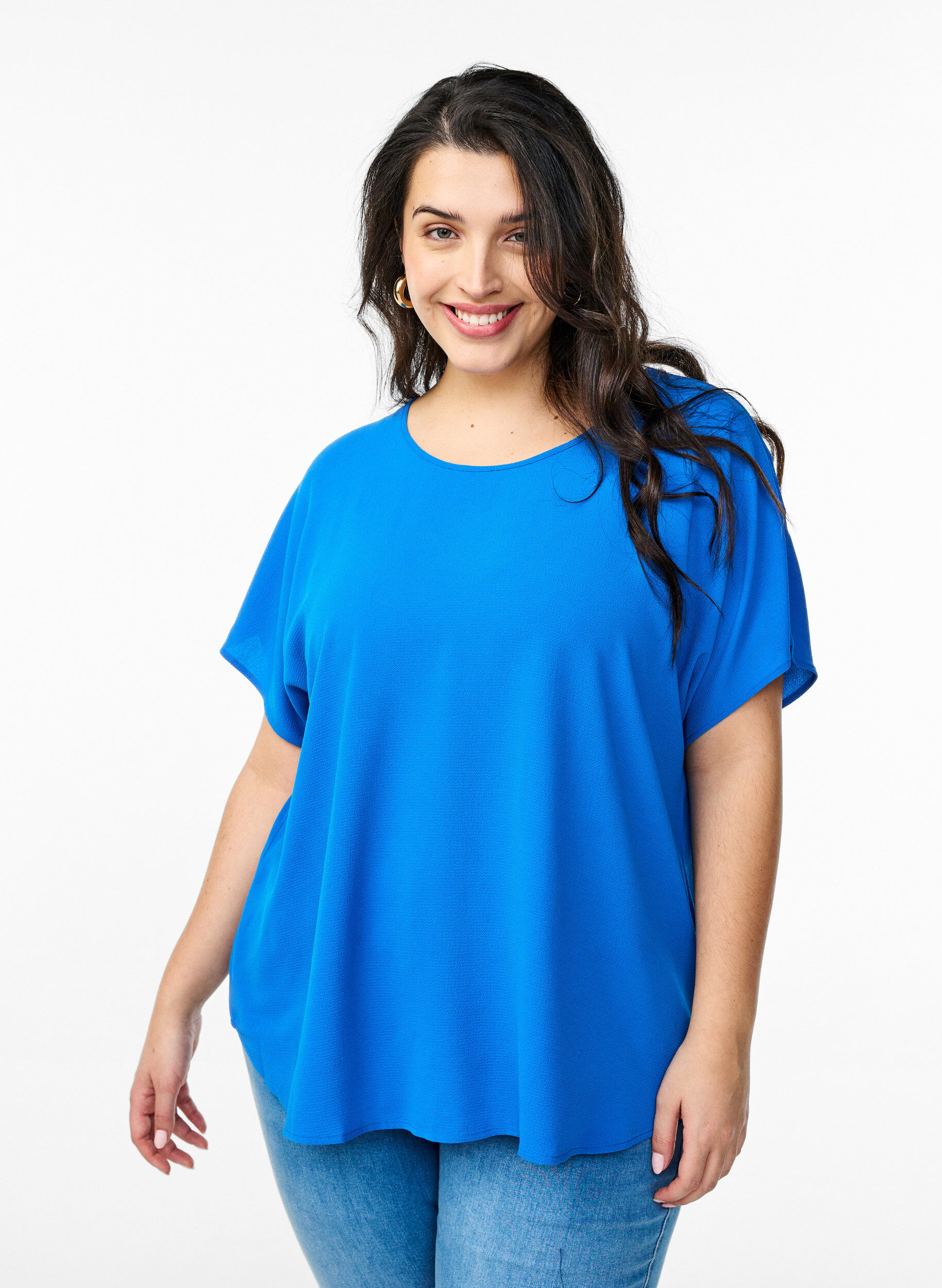 ZizziBlouse met korte mouwen en een ronde halslijn, Blauw, Model image number 0