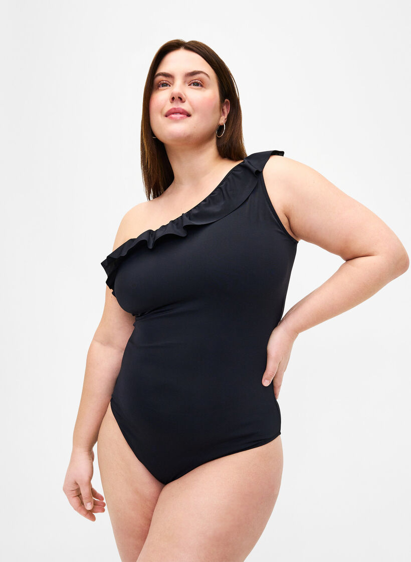 Een schouderbadpak met ruffle, Black, Model