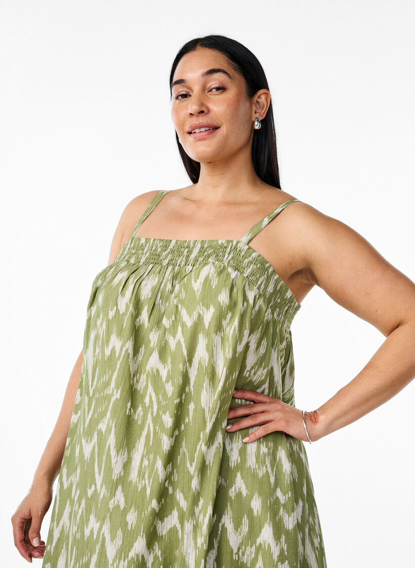 Korte viscose jurk met spaghettibandjes, Groen, Model image number 2
