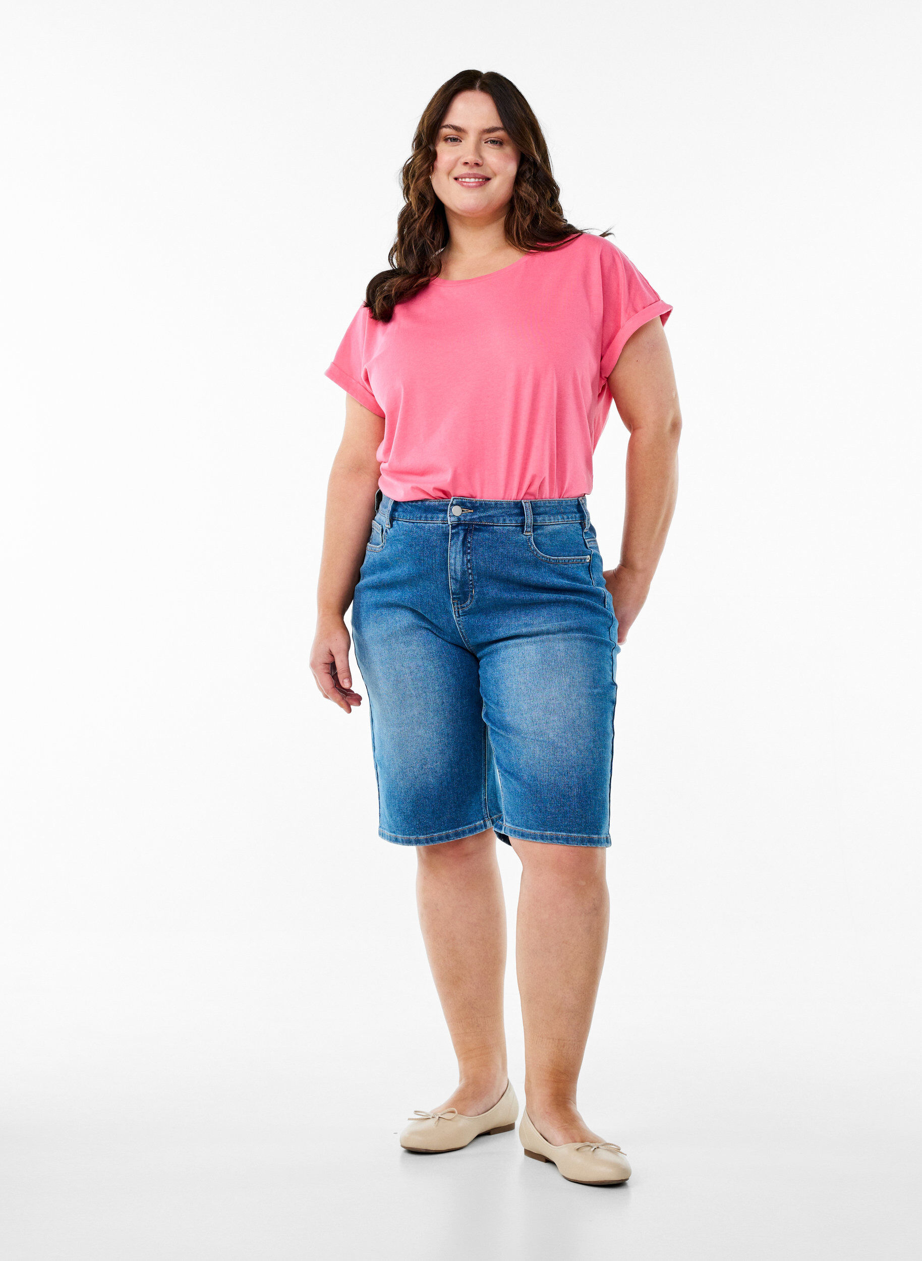 ZizziHigh waist denim Bermuda shorts, Blauw, Model image number 1