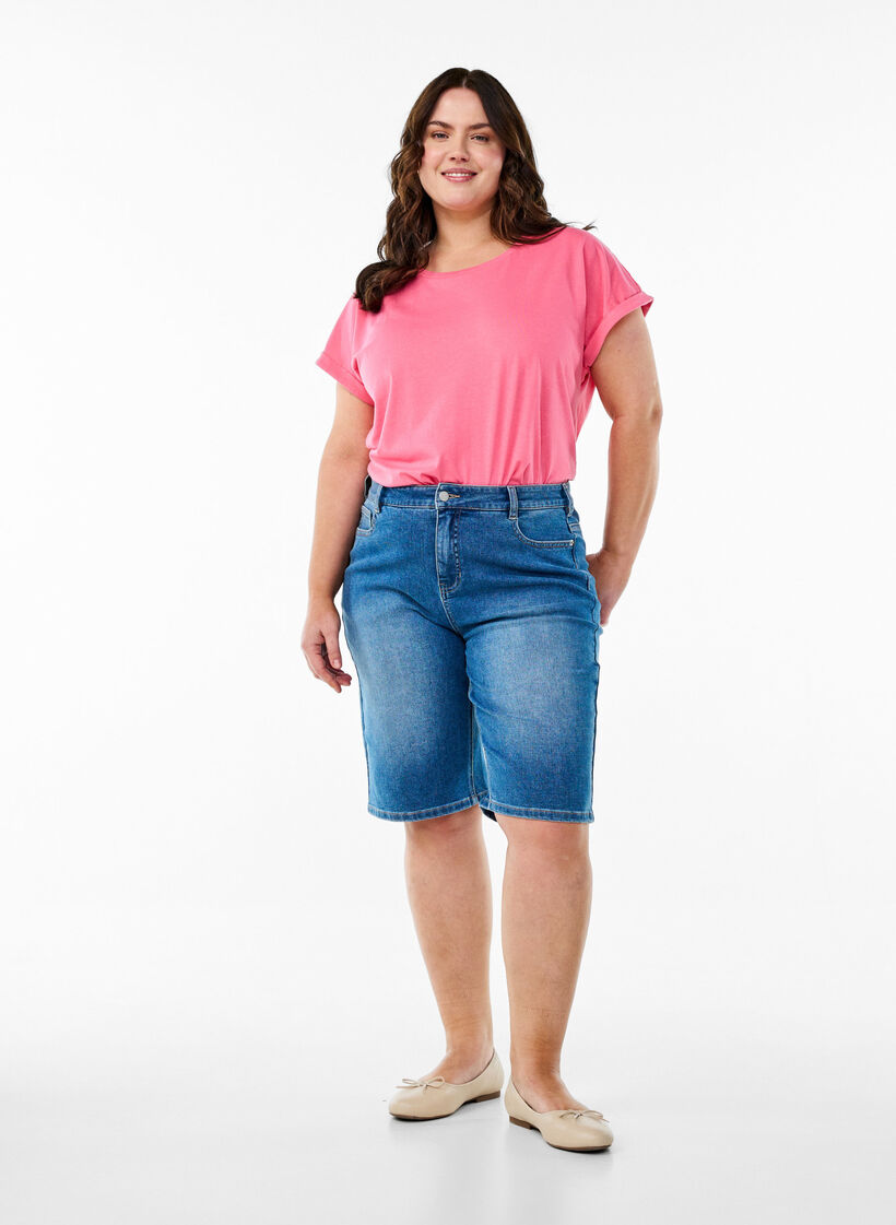 High waist denim Bermuda shorts, Blauw, Model image number 1