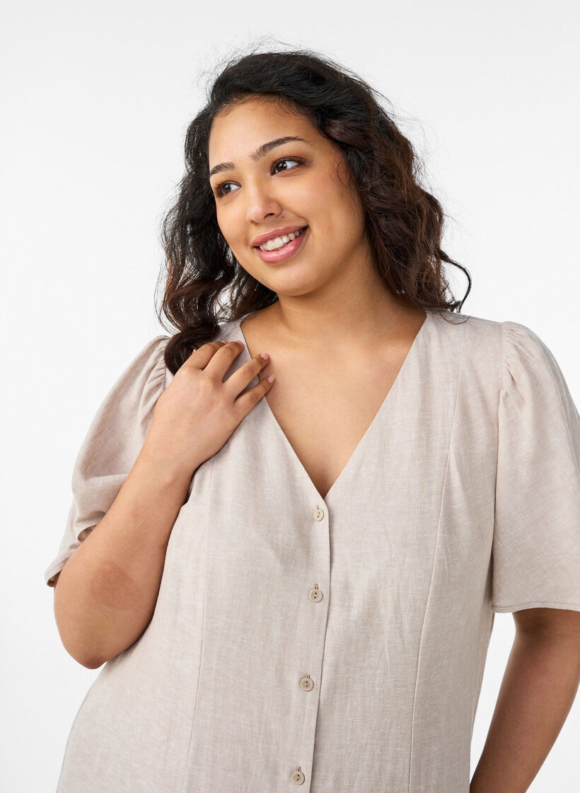 Midi jurk in linnen en viscose met ruchesmouwen, Beige, Model image number 2
