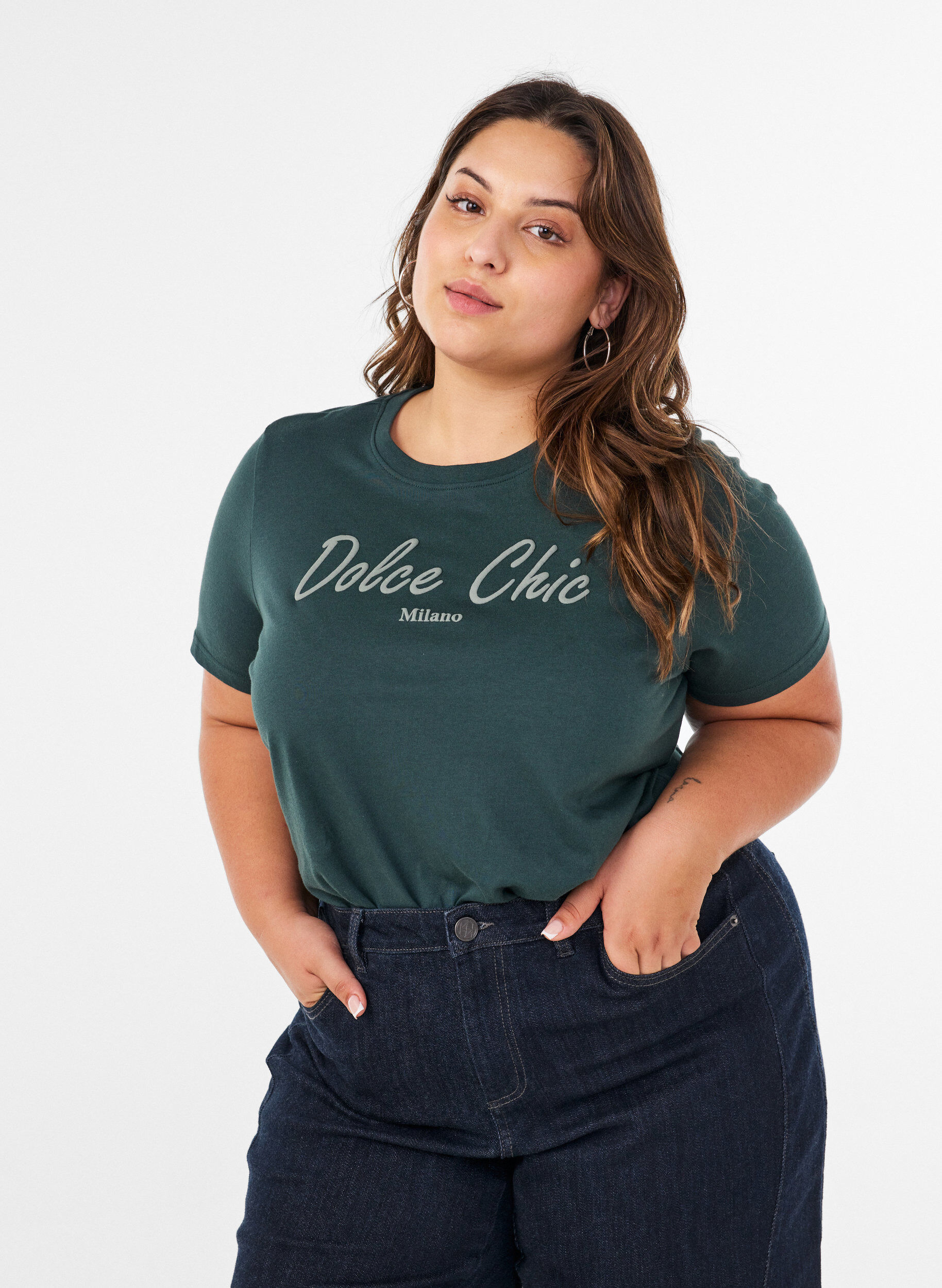 T-shirt van biologisch katoen met print, Groen, Model