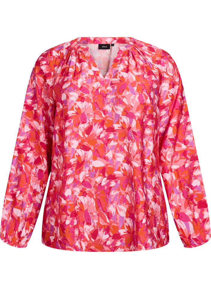 Blouse met V-hals en grafisch bladpatroon, Roze, Packshot image number 0