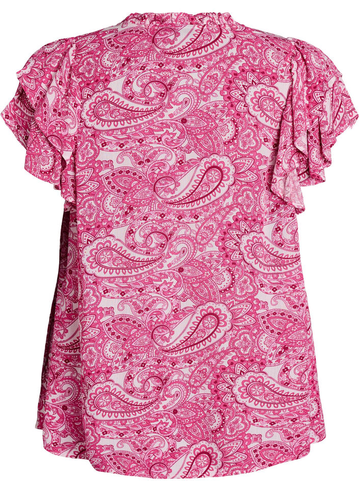 Blouse imprim&eacute;e en viscose avec volants, Rose, Packshot image number 1