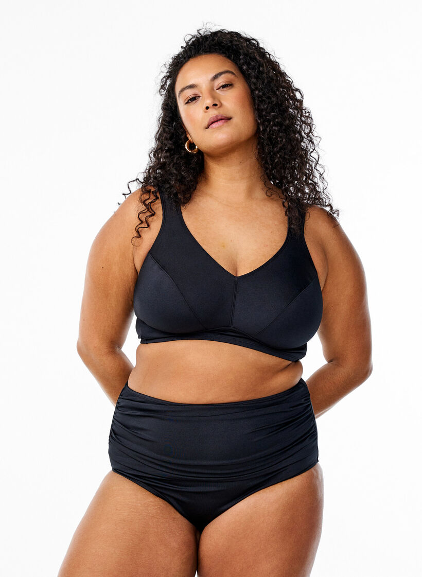 Hoog getailleerde bikinibroek met plooien, Black, Model