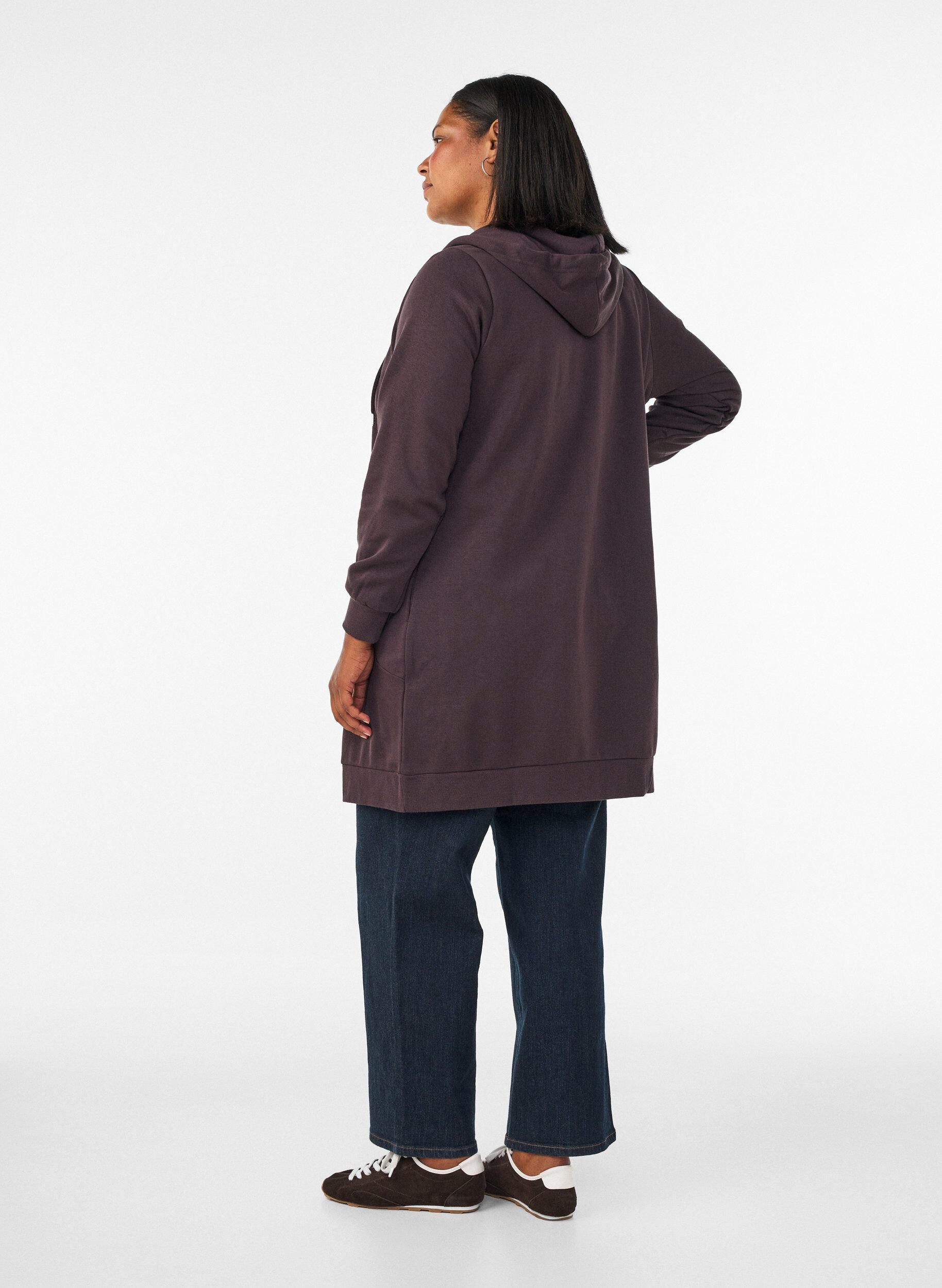 ZizziLange hoodie met ritssluiting en zakken, Bruin, Model image number 2